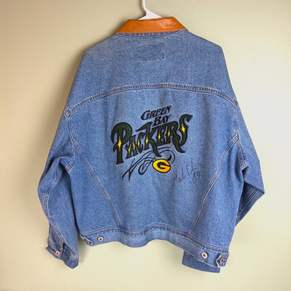 Vtg Pro Elite Green Bay Packers Denim Jacket XL Leather Collar SIGNED Chmura #89